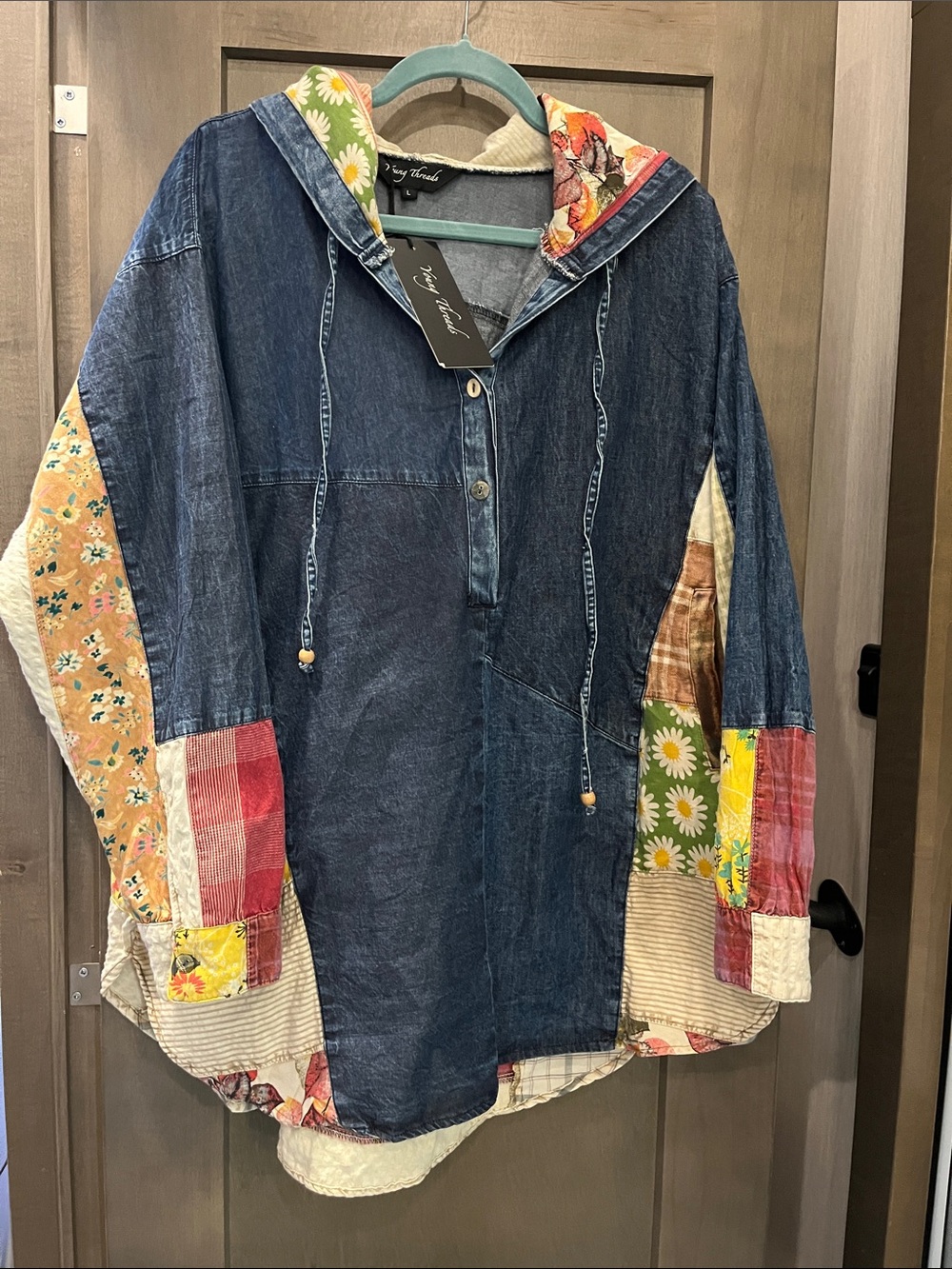 Boho style Patchwork Hooded Denim Jacket - Blue